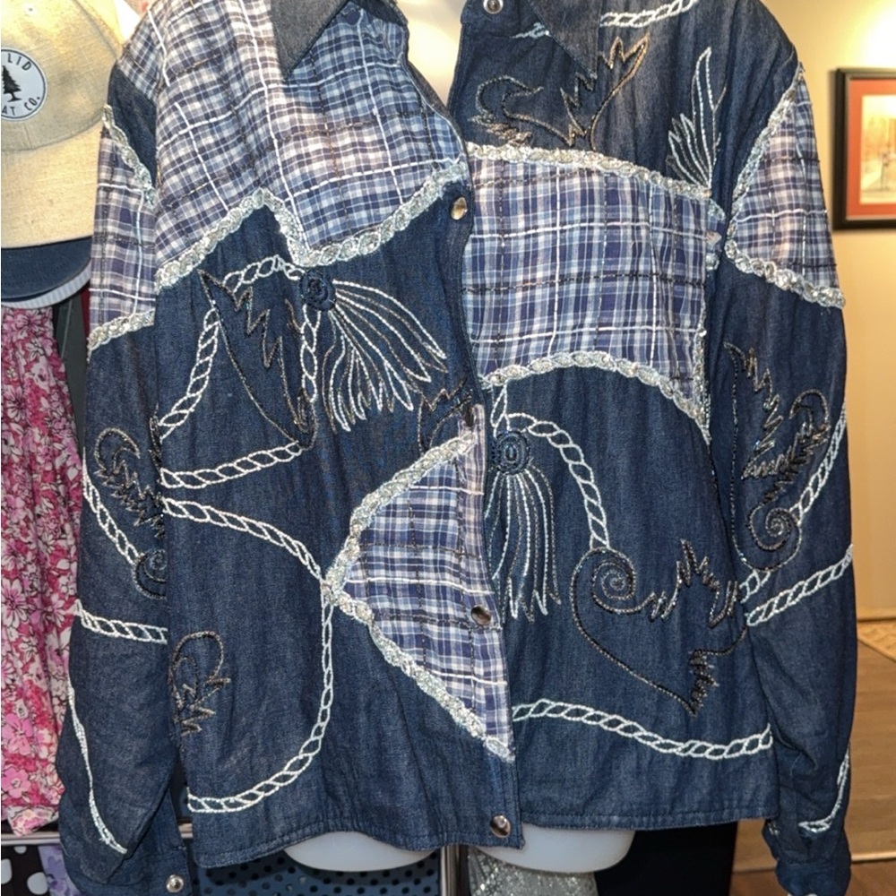 Blue And White Patchwork Jean Jacket With Chain P… - image 1